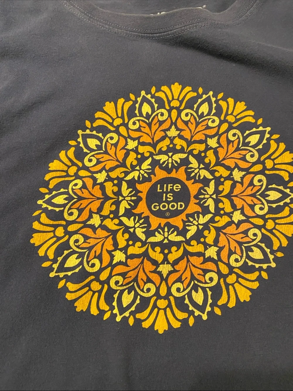 Life Is Good Navy Long-Sleeve Tee with Yellow & Orange Floral Medallion - Picture 3 of 5